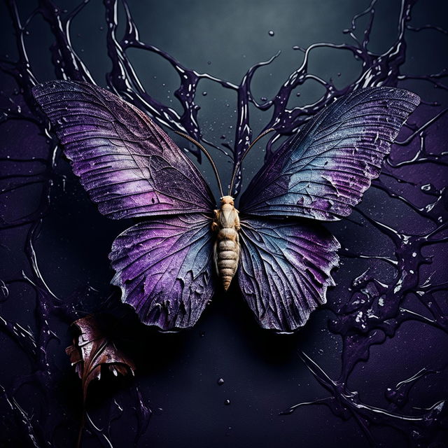 A purple butterfly with ripped and torn wings set against an abstract, decaying background with muted and dark colors.
