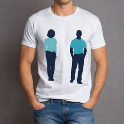 Generate an image of two T-shirt designs, one for men and one for women, for a pre-promotion. Each design should highlight the silhouette of a man or woman respectively, and use elegant and beautiful colors or color combinations.