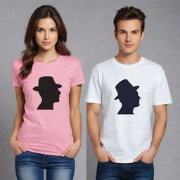 Generate an image of two T-shirt designs, one for men and one for women, for a pre-promotion. Each design should highlight the silhouette of a man or woman respectively, and use elegant and beautiful colors or color combinations.