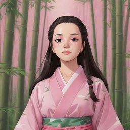 Detailed anime-style illustration of Nezuko from Demon Slayer in her iconic pink kimono and bamboo muzzle, standing in a serene bamboo forest.