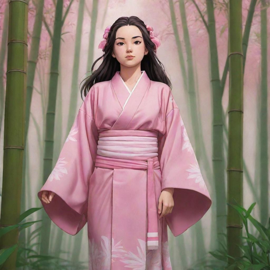 Detailed anime-style illustration of Nezuko from Demon Slayer in her iconic pink kimono and bamboo muzzle, standing in a serene bamboo forest.