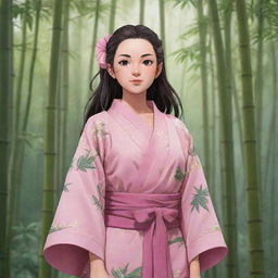 Detailed anime-style illustration of Nezuko from Demon Slayer in her iconic pink kimono and bamboo muzzle, standing in a serene bamboo forest.