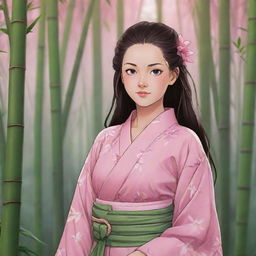 Detailed anime-style illustration of Nezuko from Demon Slayer in her iconic pink kimono and bamboo muzzle, standing in a serene bamboo forest.