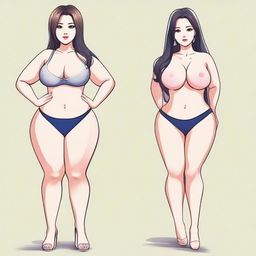 A petite but curvy Korean girl with a slim waist standing next to a thick, curvy Mexican woman with big breasts, a big butt, and a slim waist