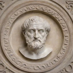 A detailed portrait of Aristotle, deep in philosophical thought, surrounded by scrolls and ancient Greek architecture.