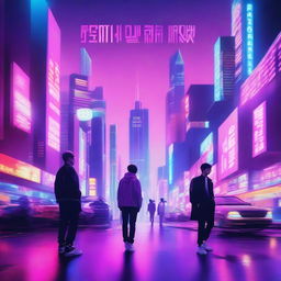 A visually stunning and hyper-realistic music album cover featuring a futuristic cityscape with neon lights