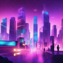 A visually stunning and hyper-realistic music album cover featuring a futuristic cityscape with neon lights