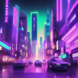 A visually stunning and hyper-realistic music album cover featuring a futuristic cityscape with neon lights