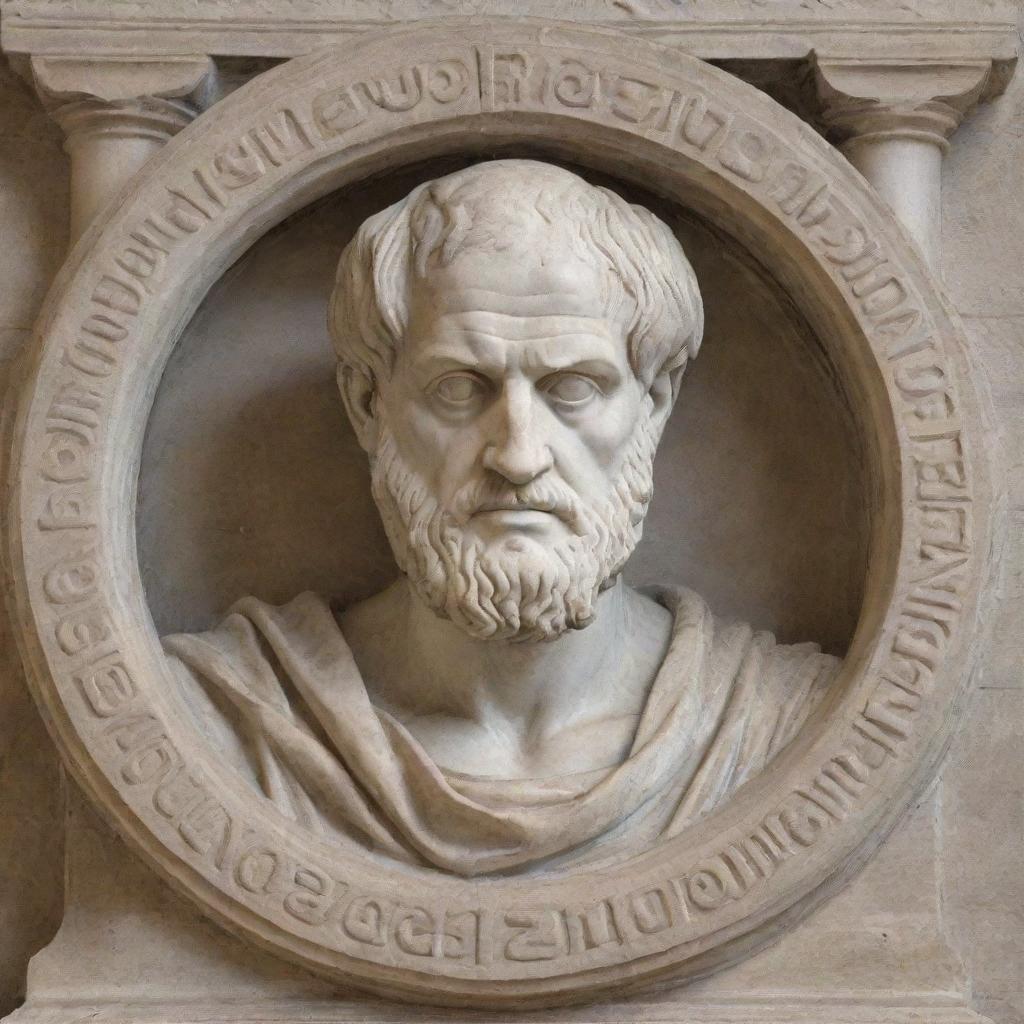 A detailed portrait of Aristotle, deep in philosophical thought, surrounded by scrolls and ancient Greek architecture.