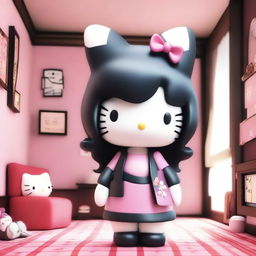 A 3D Hello Kitty with long black hair, wearing oversized clothing, and smoking in a room.