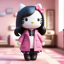 A 3D Hello Kitty with long black hair, wearing oversized clothing, and smoking in a room.