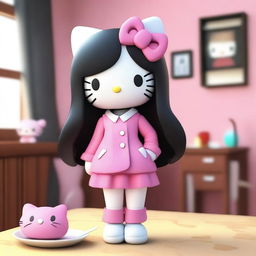 A 3D Hello Kitty with long black hair, wearing oversized clothing, and smoking in a room.