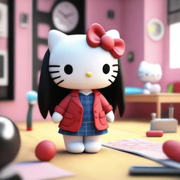 A 3D Hello Kitty with long black hair, wearing oversized clothing, and smoking in a room.