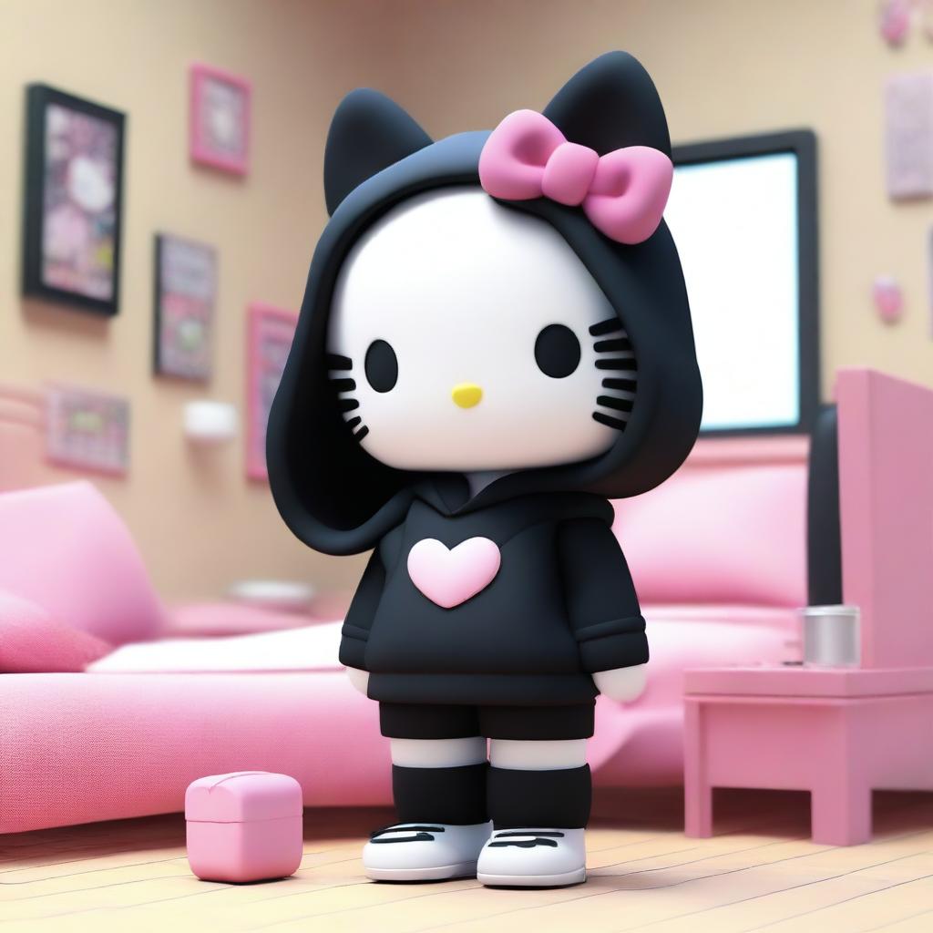 A 3D Hello Kitty with long, straight black hair, wearing an oversized black hoodie and baggy pants, smoking a cigarette, and in her room putting on makeup