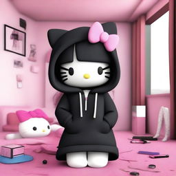 A 3D Hello Kitty with long, straight black hair, wearing an oversized black hoodie and baggy pants, smoking a cigarette, and in her room putting on makeup