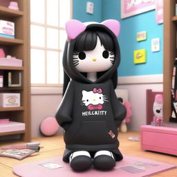 A 3D Hello Kitty with long, straight black hair, wearing an oversized black hoodie and baggy pants, smoking a cigarette, and in her room putting on makeup