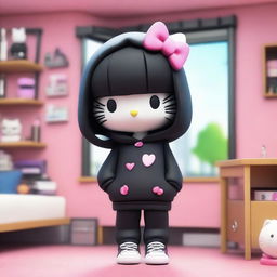 A 3D Hello Kitty with long, straight black hair, wearing an oversized black hoodie and baggy pants, smoking a cigarette, and in her room putting on makeup