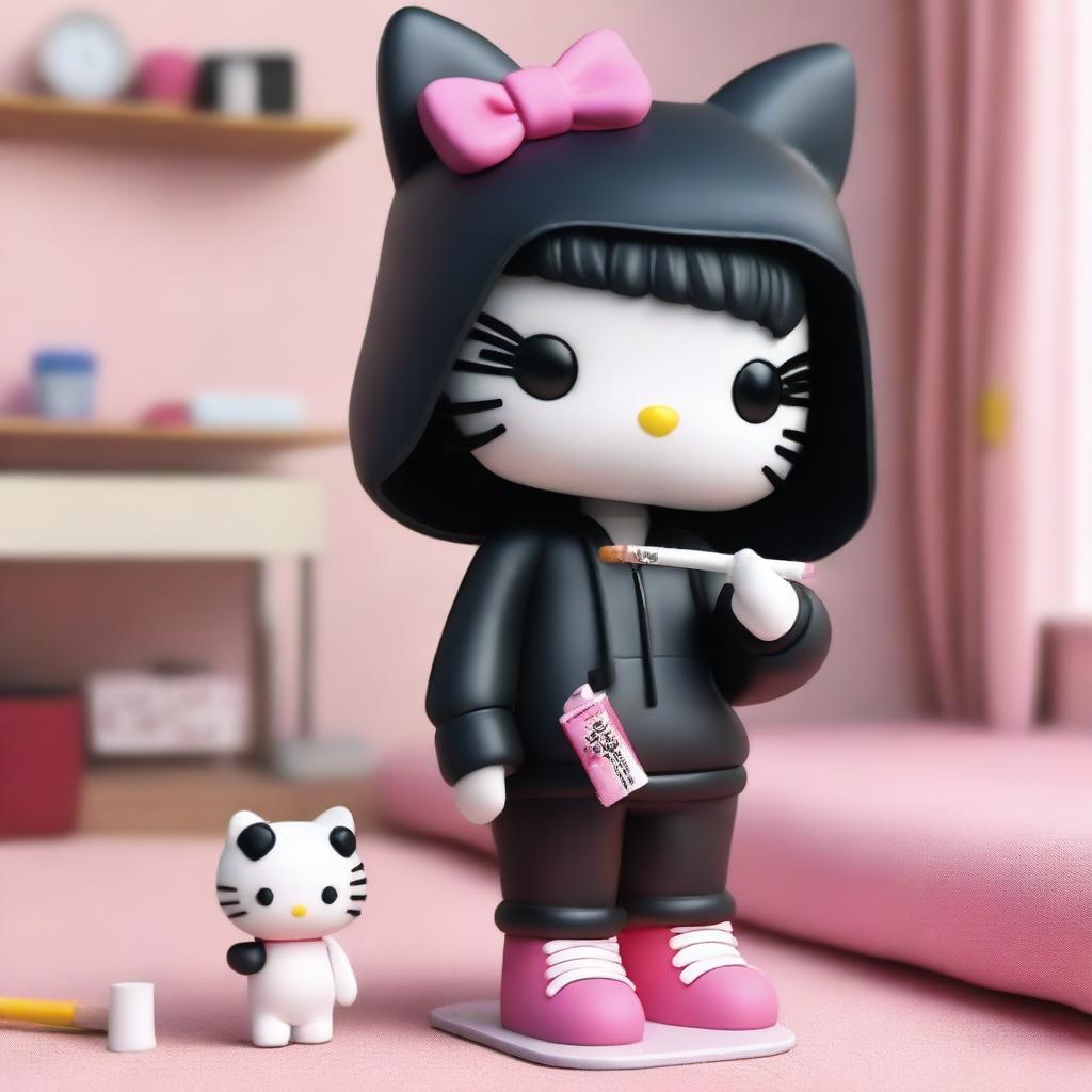 A 3D Hello Kitty with long, straight black hair, wearing a black hoodie and baggy pants, smoking a cigarette, and in her room putting on makeup