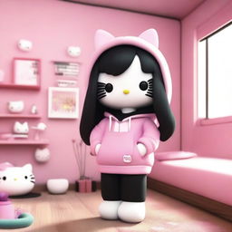 A 3D Hello Kitty with long, straight black hair, wearing a black hoodie and baggy pants, smoking a cigarette, and in her room putting on makeup