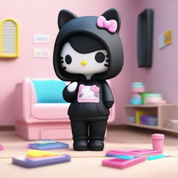A 3D Hello Kitty with long, straight black hair, wearing a black hoodie and baggy pants, smoking a cigarette, and in her room putting on makeup