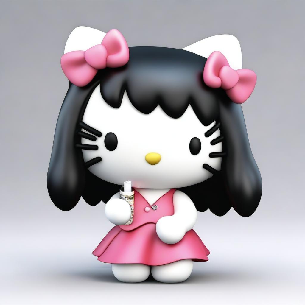 A 3D Hello Kitty with long black hair, smoking a cigarette.