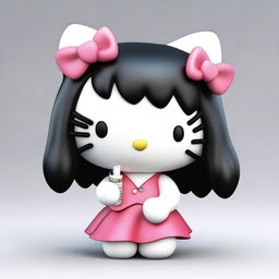 A 3D Hello Kitty with long black hair, smoking a cigarette.