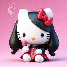A 3D Hello Kitty with long black hair, smoking a cigarette.