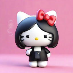 A 3D Hello Kitty with long black hair, smoking a cigarette.