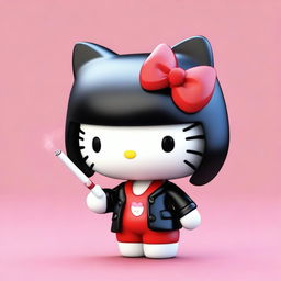 A 3D Hello Kitty with long black hair, smoking a cigarette.