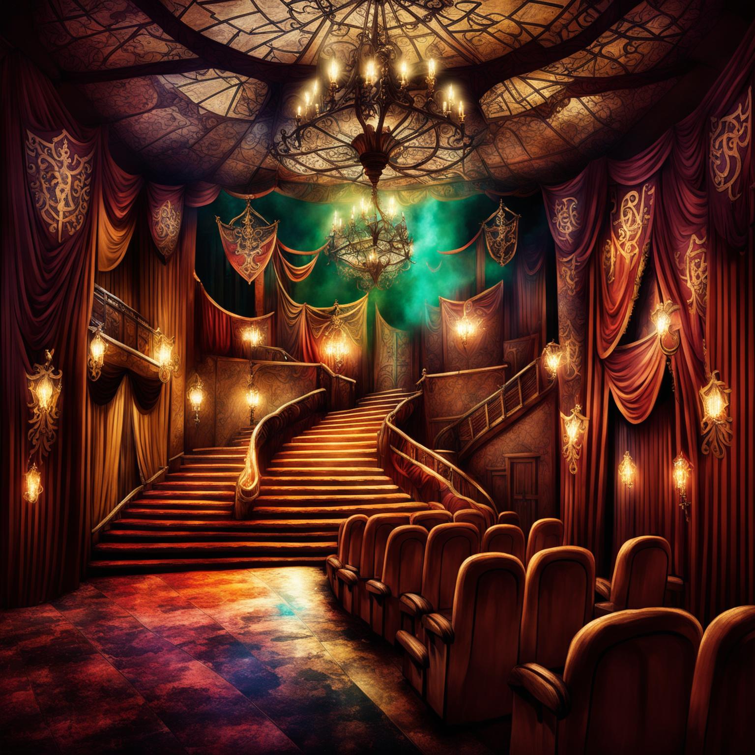 A high-quality image of a musical theatre interior with a grand, medieval fantasy atmosphere in the Dungeons and Dragons art style