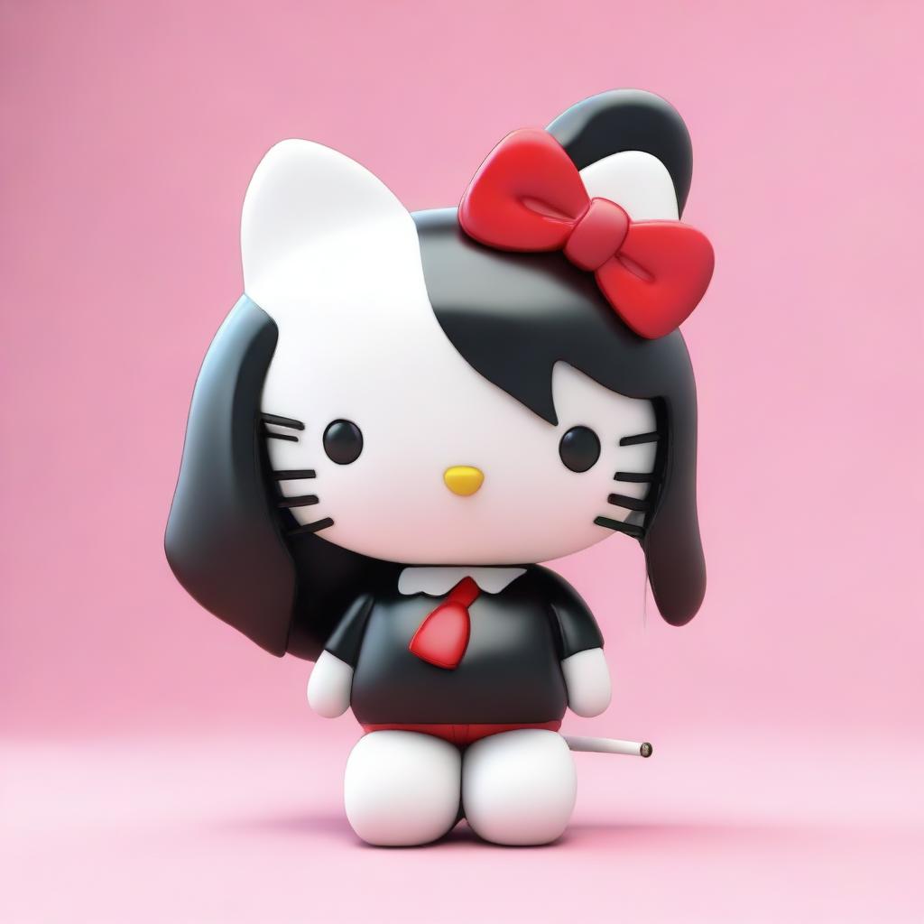 A 3D Hello Kitty with long, straight black hair, smoking a cigarette.