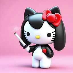 A 3D Hello Kitty with long, straight black hair, smoking a cigarette.