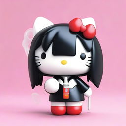 A 3D Hello Kitty with long, straight black hair, smoking a cigarette.