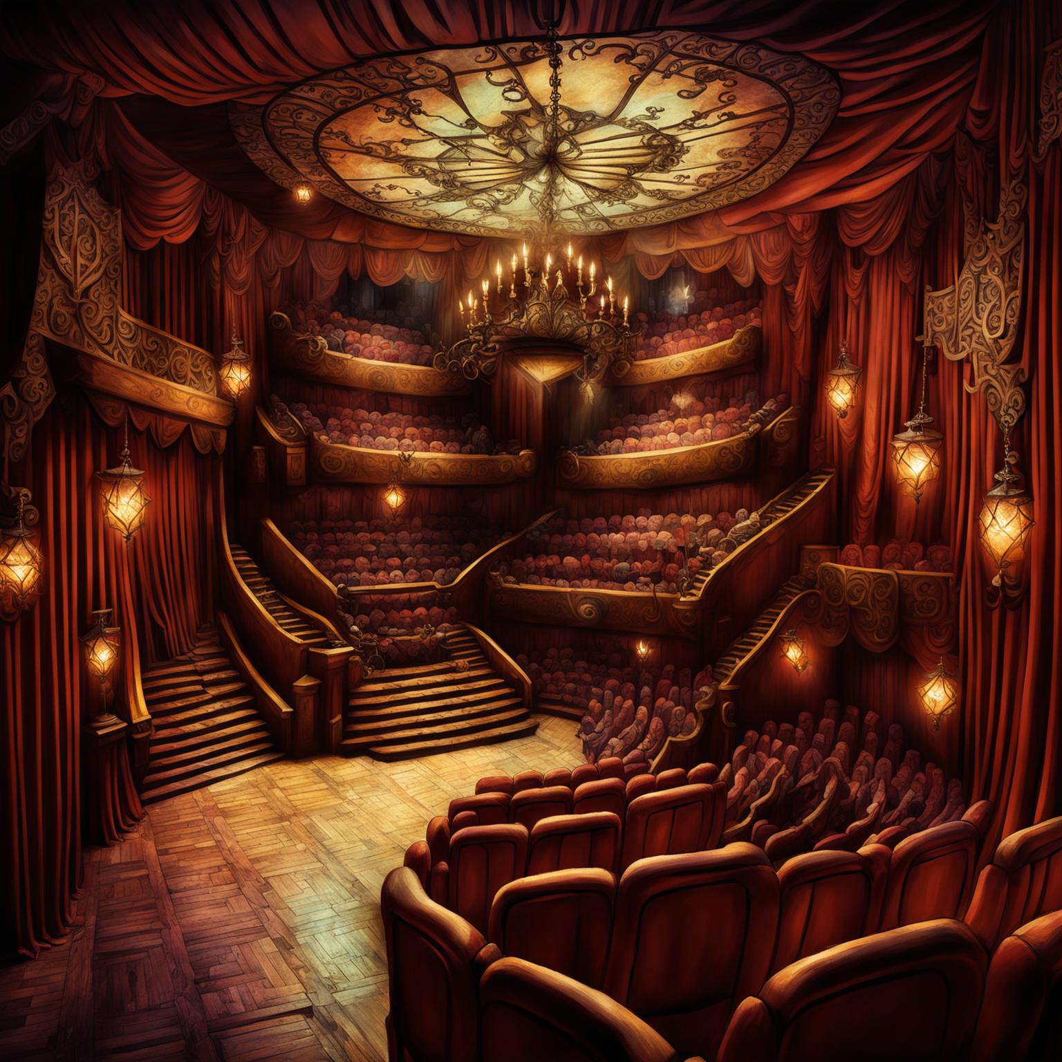 A high-quality image of a large musical theatre interior with a grand, medieval fantasy atmosphere in the Dungeons and Dragons art style
