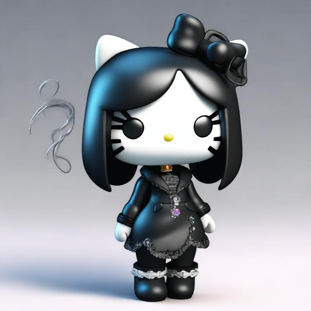 A 3D Hello Kitty character with a gothic style, smoking a cigarette
