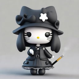 A 3D Hello Kitty character with a gothic style, smoking a cigarette