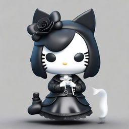 A 3D Hello Kitty character with a gothic style, smoking a cigarette
