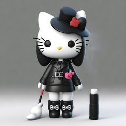 A 3D Hello Kitty character with a gothic style, smoking a cigarette