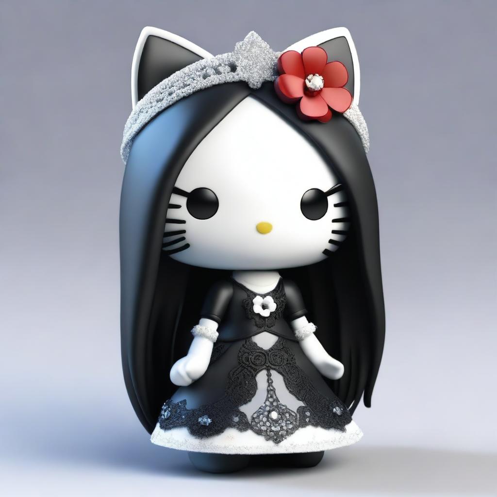 A 3D Gothic Hello Kitty with long, straight hair, styled in a dark and elegant manner.
