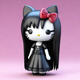 A 3D Gothic Hello Kitty with long, straight hair, styled in a dark and elegant manner.