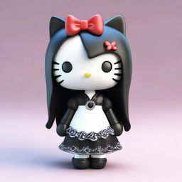 A 3D Gothic Hello Kitty with long, straight hair, styled in a dark and elegant manner.