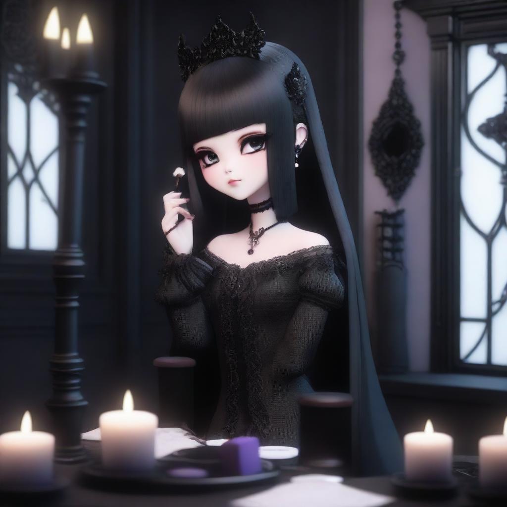 A 3D Gothic Kuromi with long, straight hair, in her room putting on makeup