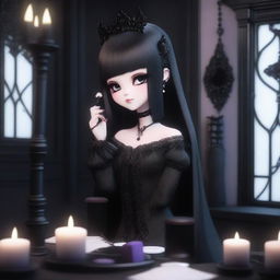 A 3D Gothic Kuromi with long, straight hair, in her room putting on makeup