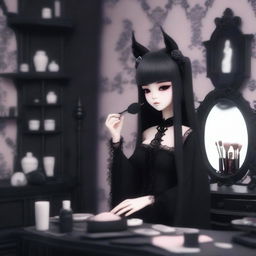 A 3D Gothic Kuromi with long, straight hair, in her room putting on makeup