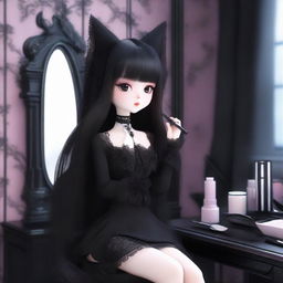 A 3D Gothic Kuromi with long, straight hair, in her room putting on makeup