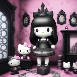 A 3D Hello Kitty with a gothic style, featuring long, straight black hair