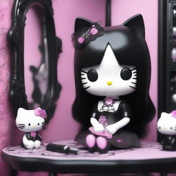 A 3D Hello Kitty with a gothic style, featuring long, straight black hair