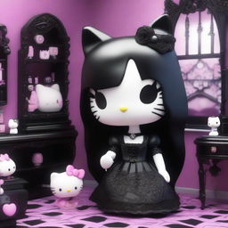 A 3D Hello Kitty with a gothic style, featuring long, straight black hair