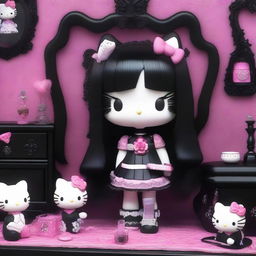 A 3D Hello Kitty with a gothic style, featuring long, straight black hair