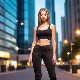 A young girl wearing very tight clothes, standing in a casual pose